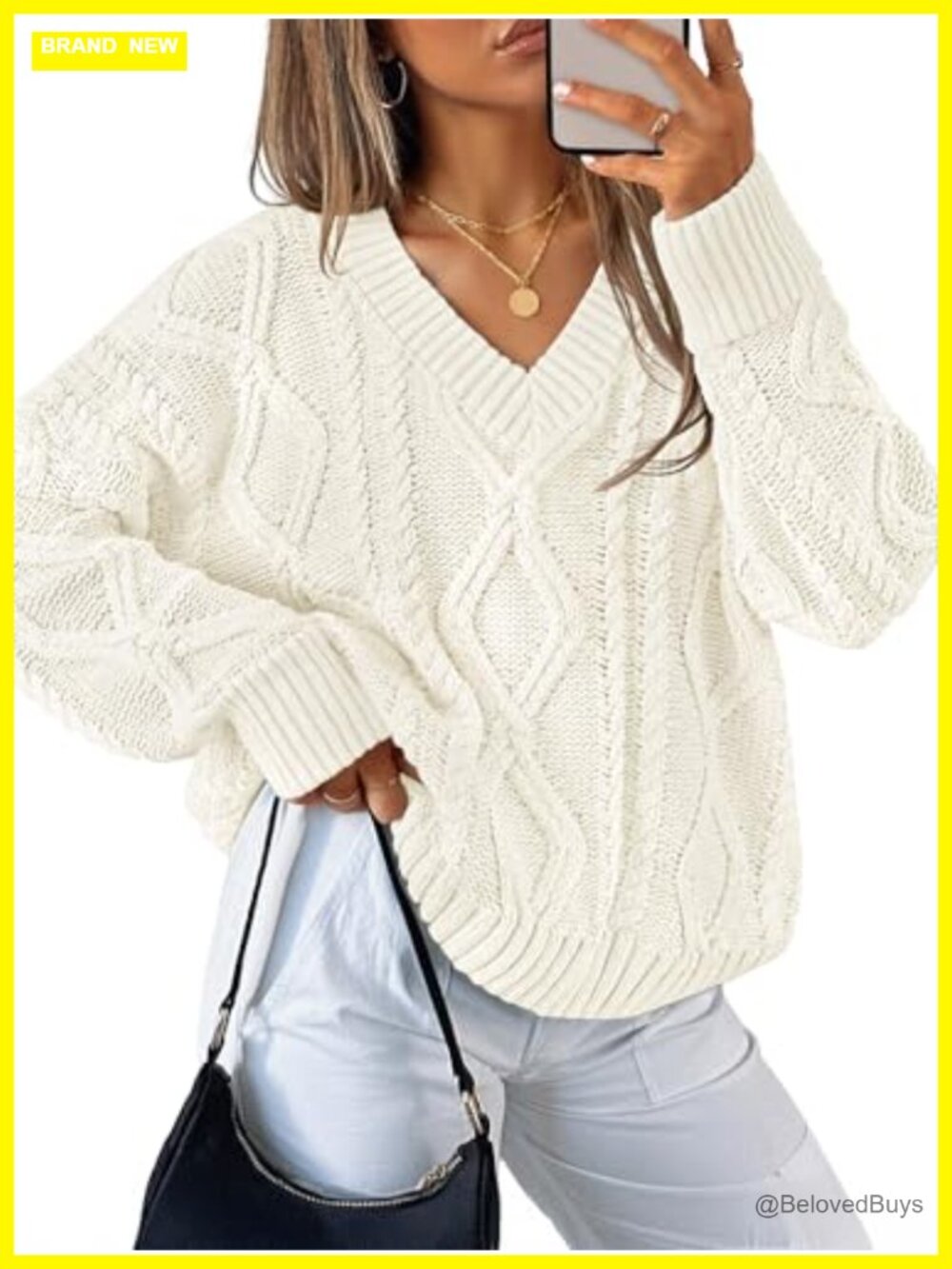 Cable Knit Oversized Long Sleeve V-Neck Pullover Sweater